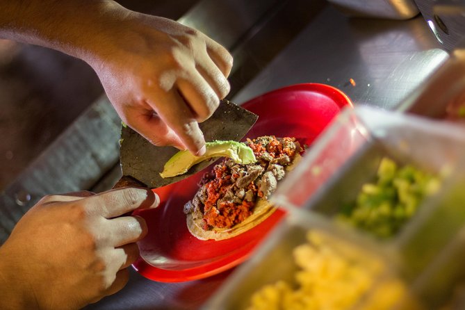Cancun Taco Tour, Local Beer and Night Market with Transportation - The taco lineup: pibil pork, surtido beef, al pastor, and quesabirria